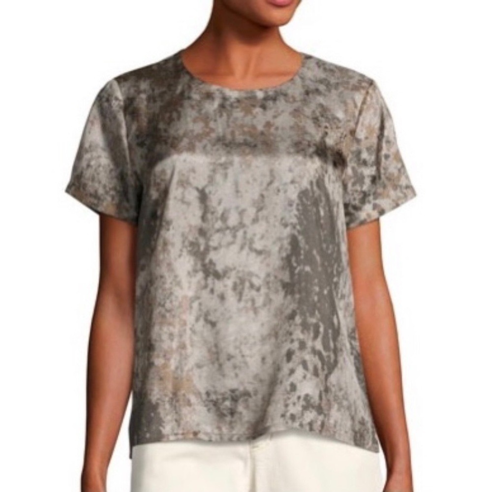 Eileen Fisher‎ 100% Silk Washable Printed Short Sleeve Top Mocha Gray Petite M